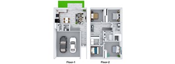 two floor plans of a house with a car in the garage