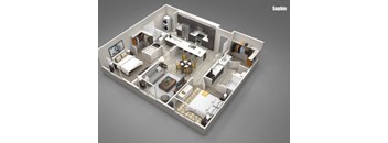 A 3D rendered image of a small apartment layout.