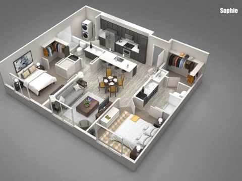 A 3D rendered image of a small apartment layout.