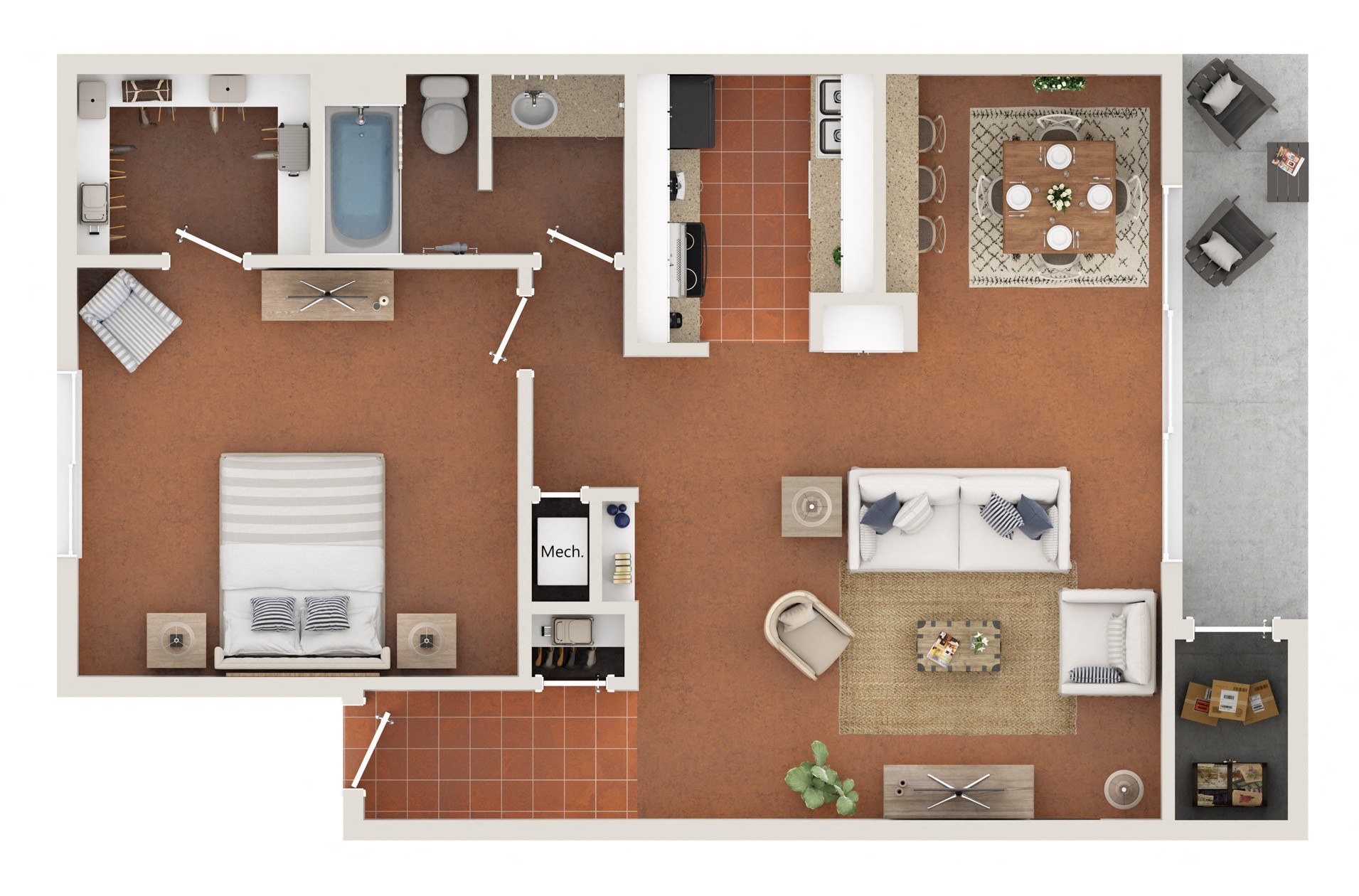 entry at the bottom left opens to the living room and storage closet. On the left is a galley kitchen, dining area, and balcony on the right of the dining room. On the other end is a bedroom, bathroom, and walk-in closet