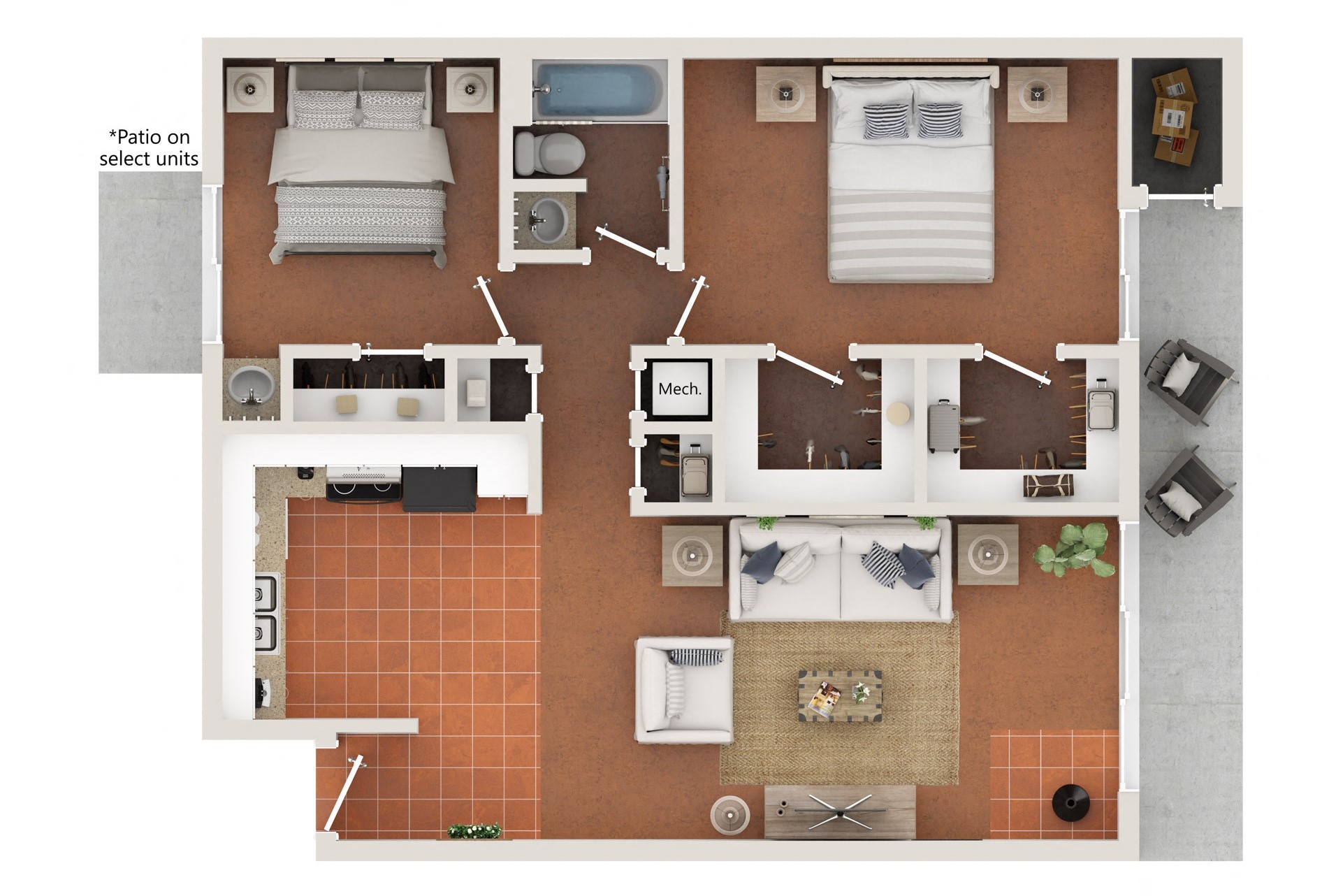 Entry opens to a living room and patio. To the left is a kitchen with L-shaped counters, then a hallway which leads to a mechanical closet, bedroom, and dual closets on the right. Straight ahead is the bathroom, and to the left is another bedroom with sink and small closet.
