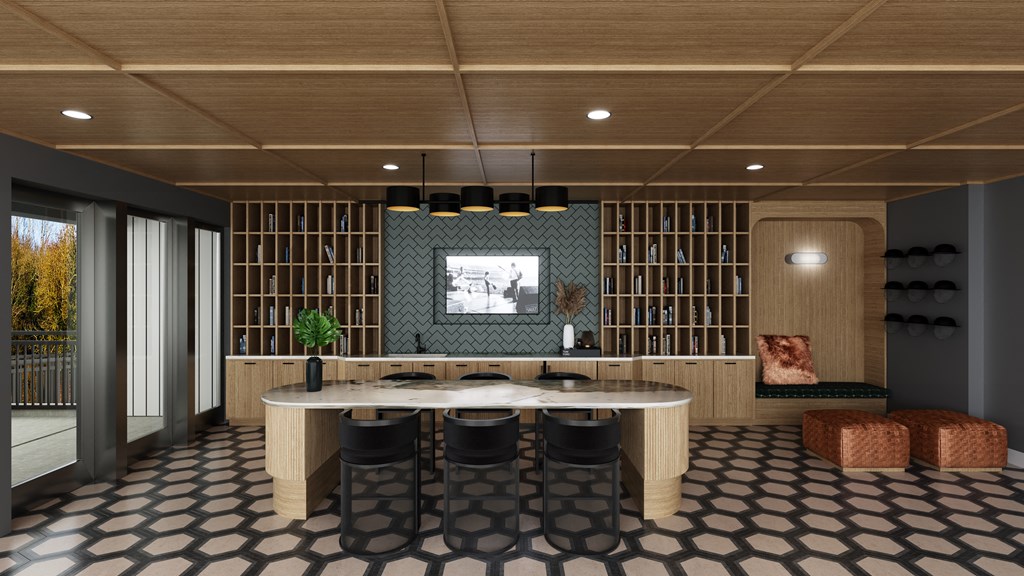 a dining room with a round table and chairs