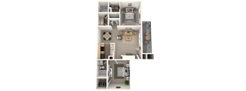 A 3D floor plan of a small apartment with a kitchen, living room, and bathroom.