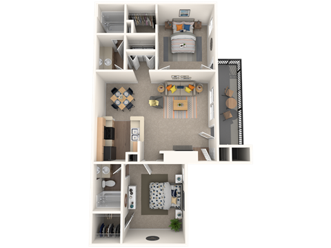 A 3D floor plan of a small apartment with a kitchen, living room, and bathroom.