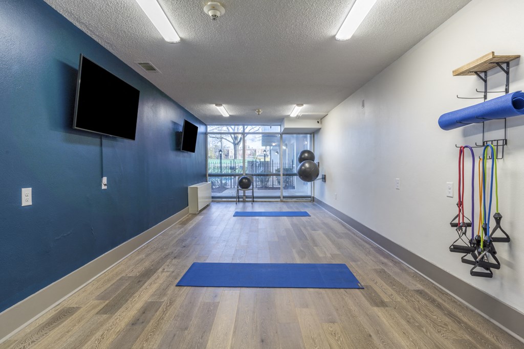 a yoga studio with yoga mats and a tv on the wall