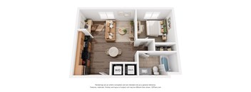 A 3D floor plan of a small apartment with a kitchen, living room, and bathroom.