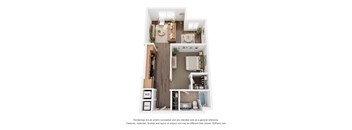 A 3D floor plan of a small apartment with a kitchen, living room, and bathroom.