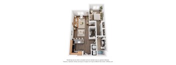 A 3D floor plan of a small apartment with a kitchen, living room, and bathroom.