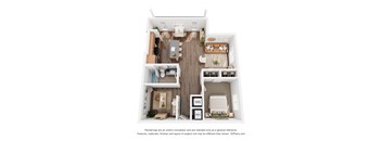 A 3D floor plan of a small apartment with a kitchen, living room, and two bedrooms.