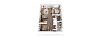 A 3D floor plan of a small apartment with a kitchen, living room, and bathroom.