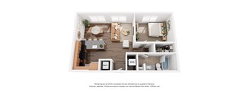 A 3D floor plan of a house with a kitchen, living room, and bathroom.