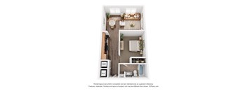 A floor plan of a small apartment with a kitchen, living room, and bathroom.
