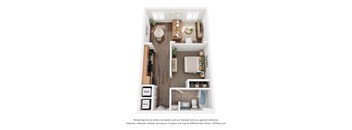 A 3D floor plan of a small apartment with a kitchen, living room, and bathroom.