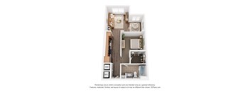 A 3D floor plan of a small apartment with a kitchen, living room, and bathroom.