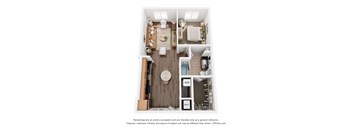 A 3D floor plan of a small apartment with a kitchen, living room, and bathroom.