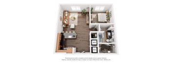 A 3D floor plan of a house with a living room, kitchen, and bedrooms.
