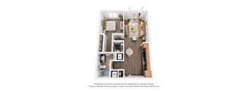 A 3D floor plan of a small apartment with a kitchen, living room, and bathroom.