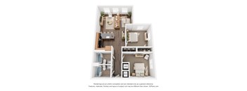 A 3D floor plan of a small apartment with a kitchen, living room, and bathroom.