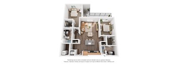 A 3D floor plan of a small apartment with a kitchen, living room, and bathroom.