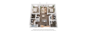 A 3D floor plan of a house with a kitchen, living room, and two bedrooms.