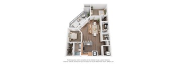 A 3D floor plan of a house with a kitchen, living room, and two bedrooms.