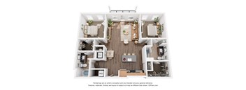 A 3D floor plan of a house with a kitchen, living room, and two bedrooms.