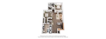 A 3D floor plan of a house with a kitchen, living room, and bathroom.