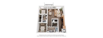 A 3D floor plan of a small apartment with a kitchen, living room, and bathroom.
