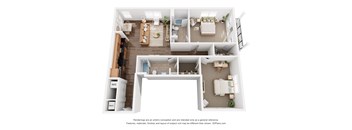 A 3D floor plan of a small apartment with a kitchen, living room, and bathroom.