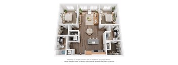 A 3D floor plan of a house with a kitchen, living room, and two bedrooms.