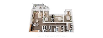 A 3D floor plan of a house with a kitchen, living room, and bathrooms.