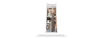 A 3D floor plan of a small apartment with a kitchen, living room, and bathroom.