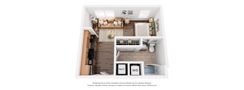 A 3D floor plan of a house with a kitchen, living room, and bathroom.