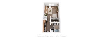 A 3D floor plan of a small apartment with a kitchen, living room, and bathroom.