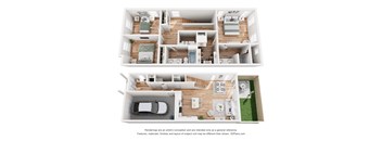 A 3D floor plan of a house with a kitchen, living room, and bedrooms.
