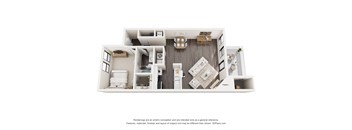 A 3D floor plan of a house with labeled rooms.