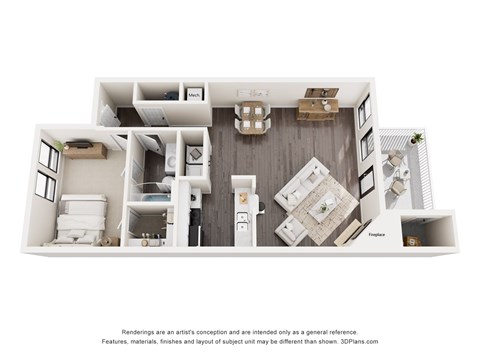 A 3D floor plan of a house with labeled rooms.
