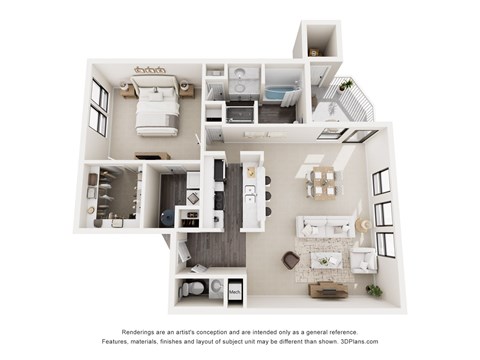 A 3D floor plan of a house with a kitchen, living room, and bedrooms.