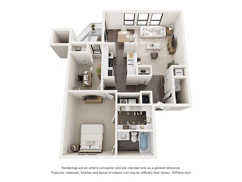 A 3D floor plan of a house with a kitchen, living room, and two bedrooms.