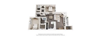A 3D floor plan of a house with a kitchen, living room, and bathroom.