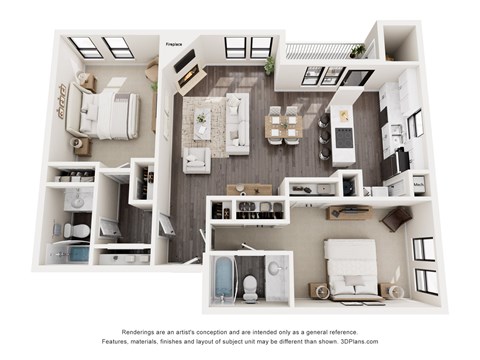 A 3D floor plan of a house with a kitchen, living room, and bathrooms.
