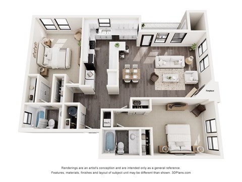 A 3D floor plan of a house with a kitchen, living room, and bathrooms.