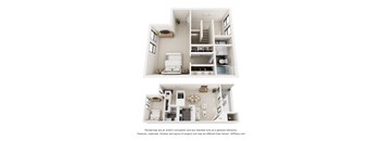A white 3D floor plan of a house with a kitchen, living room, and bedrooms.
