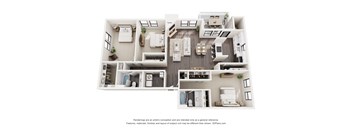 A 3D floor plan of a house with a kitchen, living room, and bedrooms.