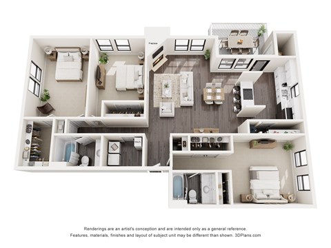 A 3D floor plan of a house with a kitchen, living room, and bedrooms.