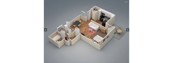 a 3d rendering of a bedroom with a kitchen and a living room