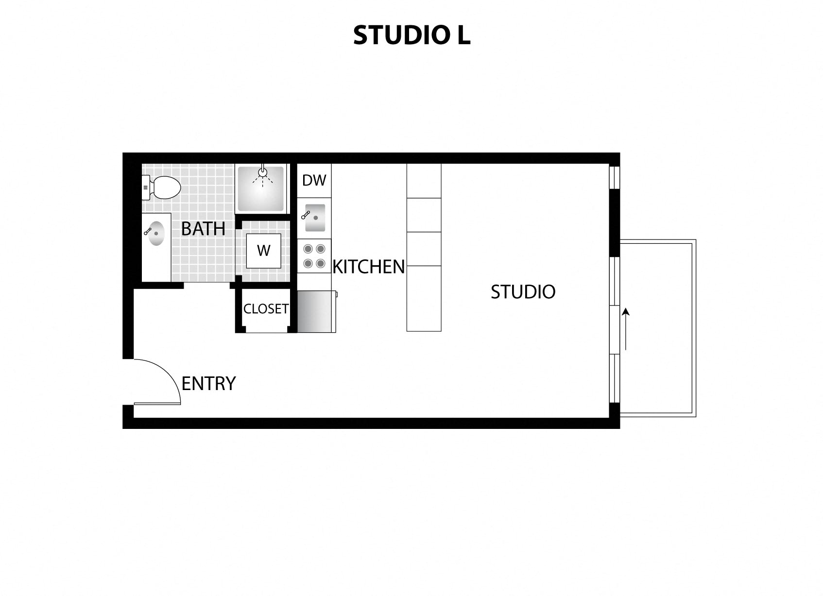 a floor plan of a studio apartment with a bathroom and a living room