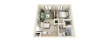 a 1 bedroom floor plan with a bathroom and a living room