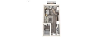 A floor plan of a studio apartment with a bed, desk, and kitchenette.