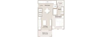 A floor plan of a small apartment with a living room, kitchen, bathroom, bedroom and balcony.